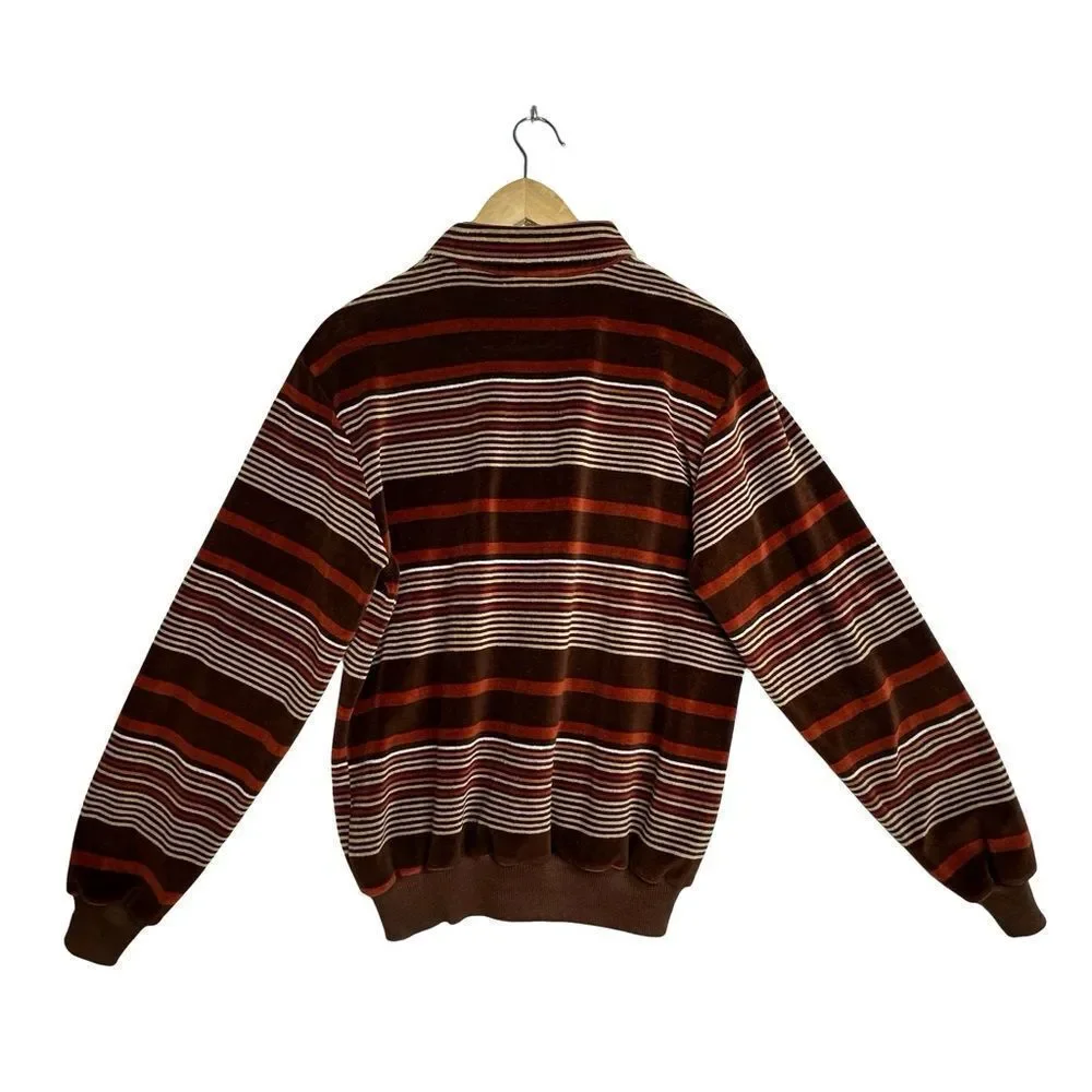 JANTZEN 1960’s Classic Striped Velour Sweater in Brown Rust Tones Size Large